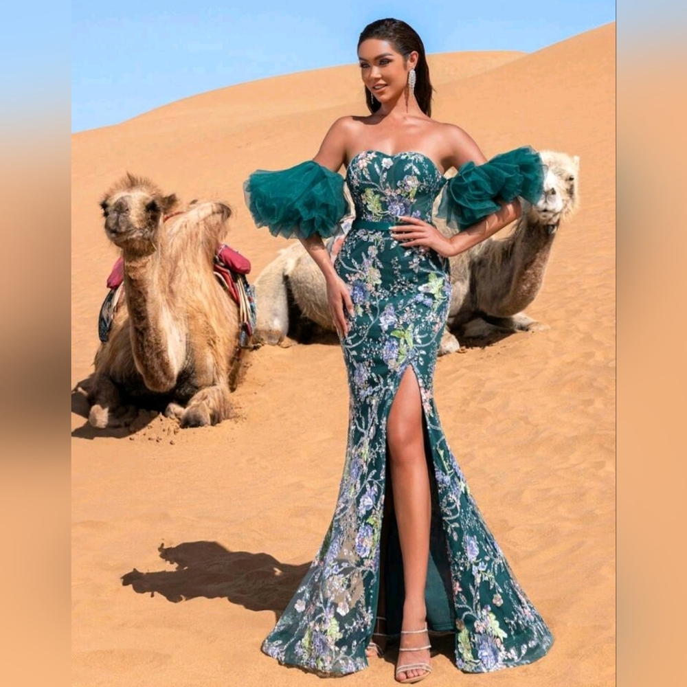 Emerald Floral Off-Shoulder Mermaid Dress with Tulle Sleeves